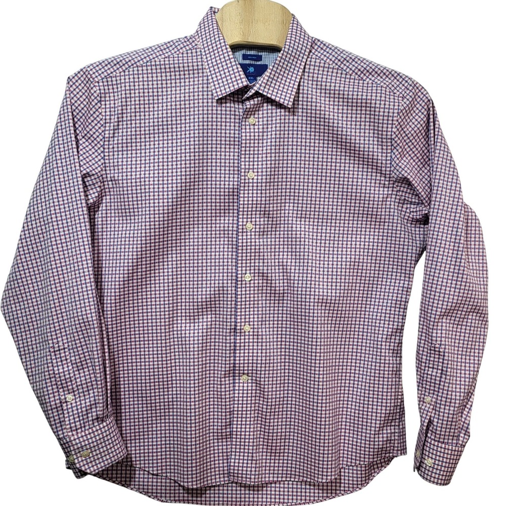 Egara Mens XXL Dress Shirt Red White Blue Check Non Iron Stretch Long Sleeve